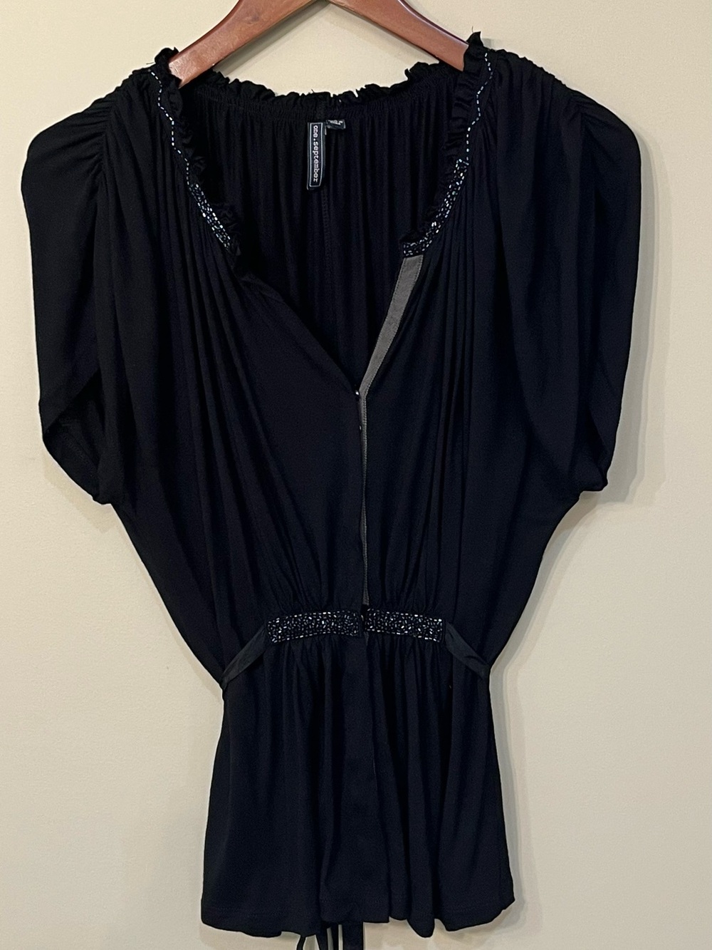 Anthropologie One September black rayon peplum blouse ruched sleeves beaded S